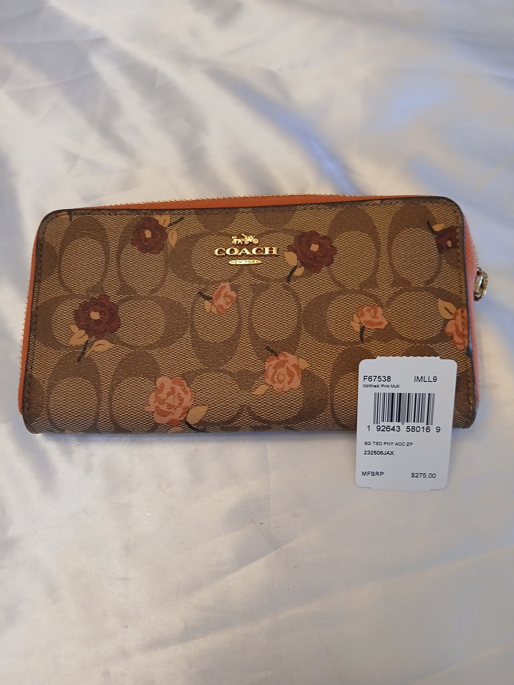 Coach Brown Signature Floral Zip Wallet with Pink Rose Accents